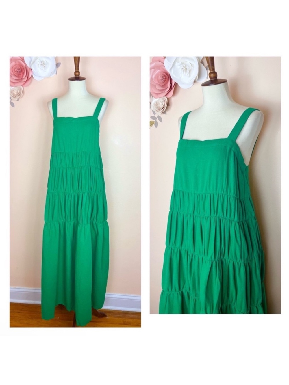 New! Rue Stiic Elsa Linen Tiered Flowy Summer Maxi Dress in French Green - Picture 9 of 13